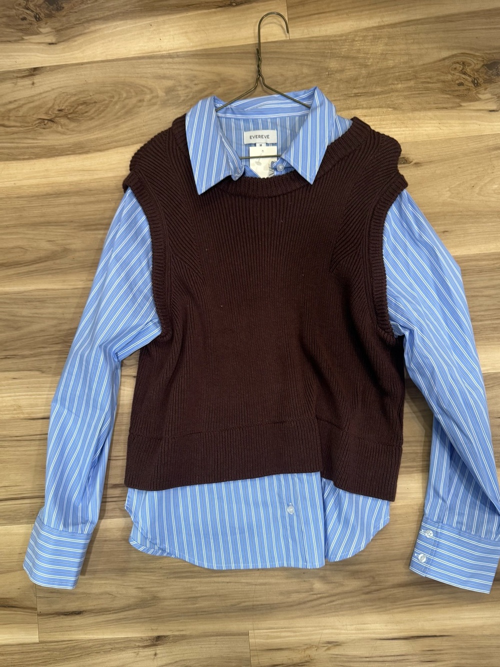 Evereve Chocolate Knit Vest Paired with Blue Striped Shirt